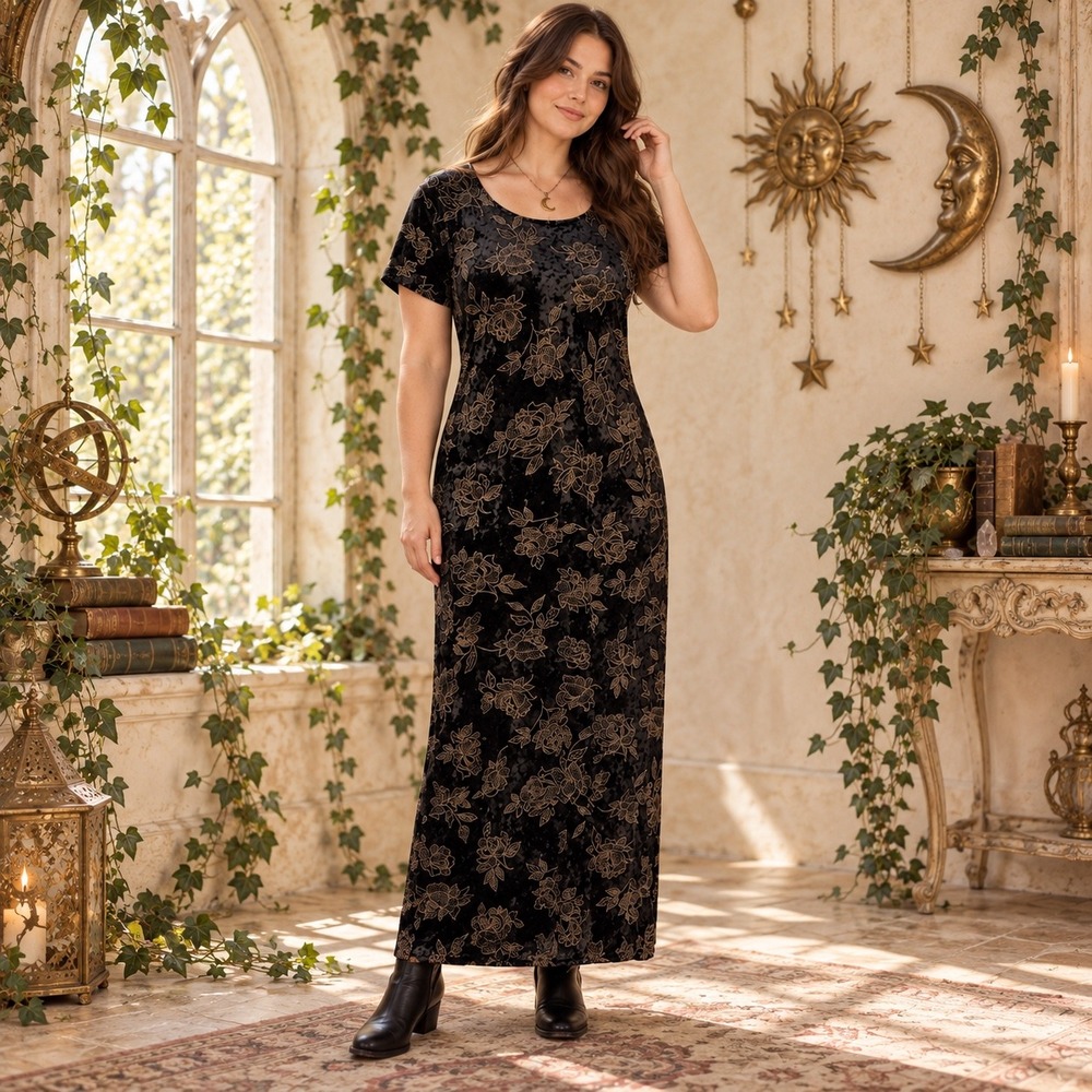 No Boundaries vintage Black Velvet Gold Floral Maxi Dress XL Whimsigoth Y2K